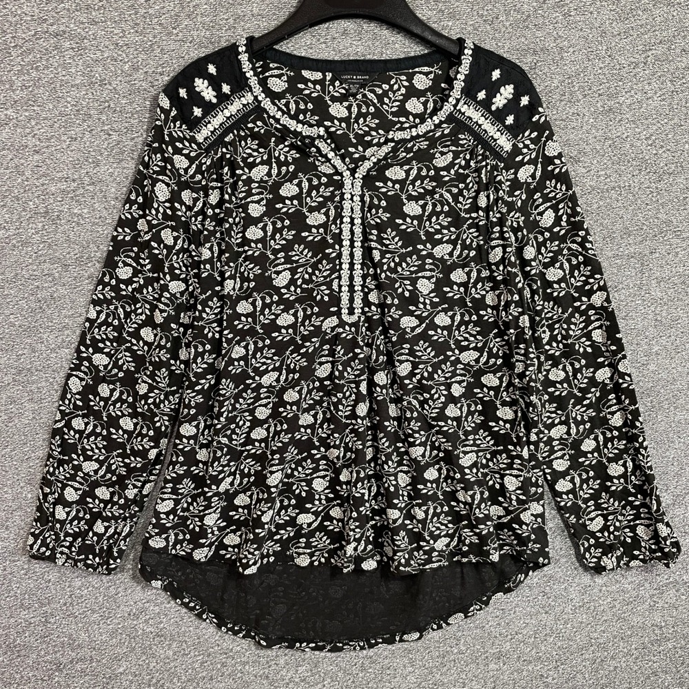 Lucky Brand Blouse Womens XL Black White Floral Embroidered Long Sleeve